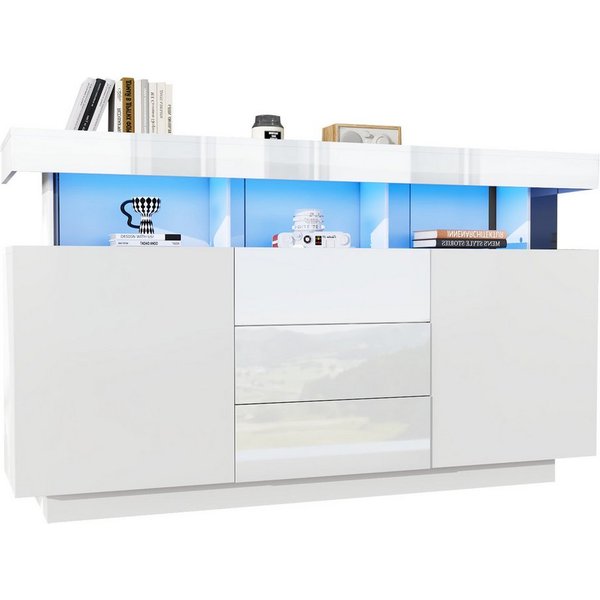 Merax Sideboard Hochglanz mit LED, Mehrzweckschrank aus Spanplatte & Acryl (1 St), Kommode mit 3 Schubladen und 2 Türen, Schrank Vitrine 140x35x80cm