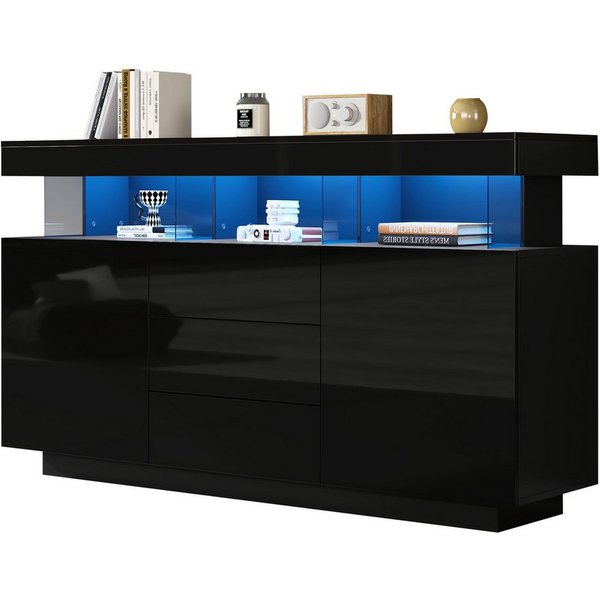 Merax Sideboard Hochglanz mit LED, Mehrzweckschrank aus Spanplatte & Acryl (1 St), Kommode mit 3 Schubladen und 2 Türen, Schrank Vitrine 140x35x80cm