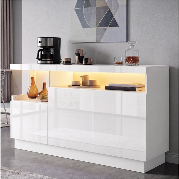 Merax Sideboard hochglanz Wohnzimmerschrank mit LED inkl. APP Steuerung (1 St., Aufbewahrungsschrank Anrichte Buffetschrank), Kommode mit 3 Türen, Acryl Display