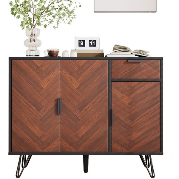 Merax Sideboard im Holzoptik mit Schubladen und 3 Türen (Wohnzimmerschrank, Highboard, Aufbewahrungsschrank mit vielseitiger Stauraum), Kommode mit höhenverstel