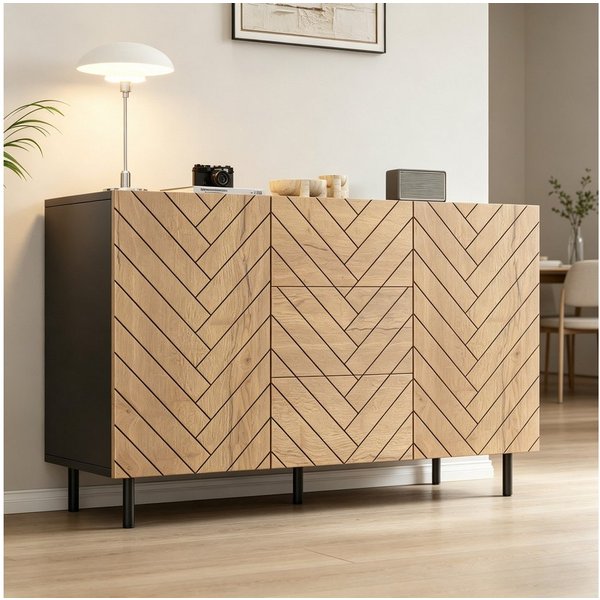 Merax Sideboard im Holzoptik und Schwarz, Aufbewahrungsschrank (1 St), Kommode mit 3 Schubladen, 2 Türen & Stauraum, 120×40×76cm