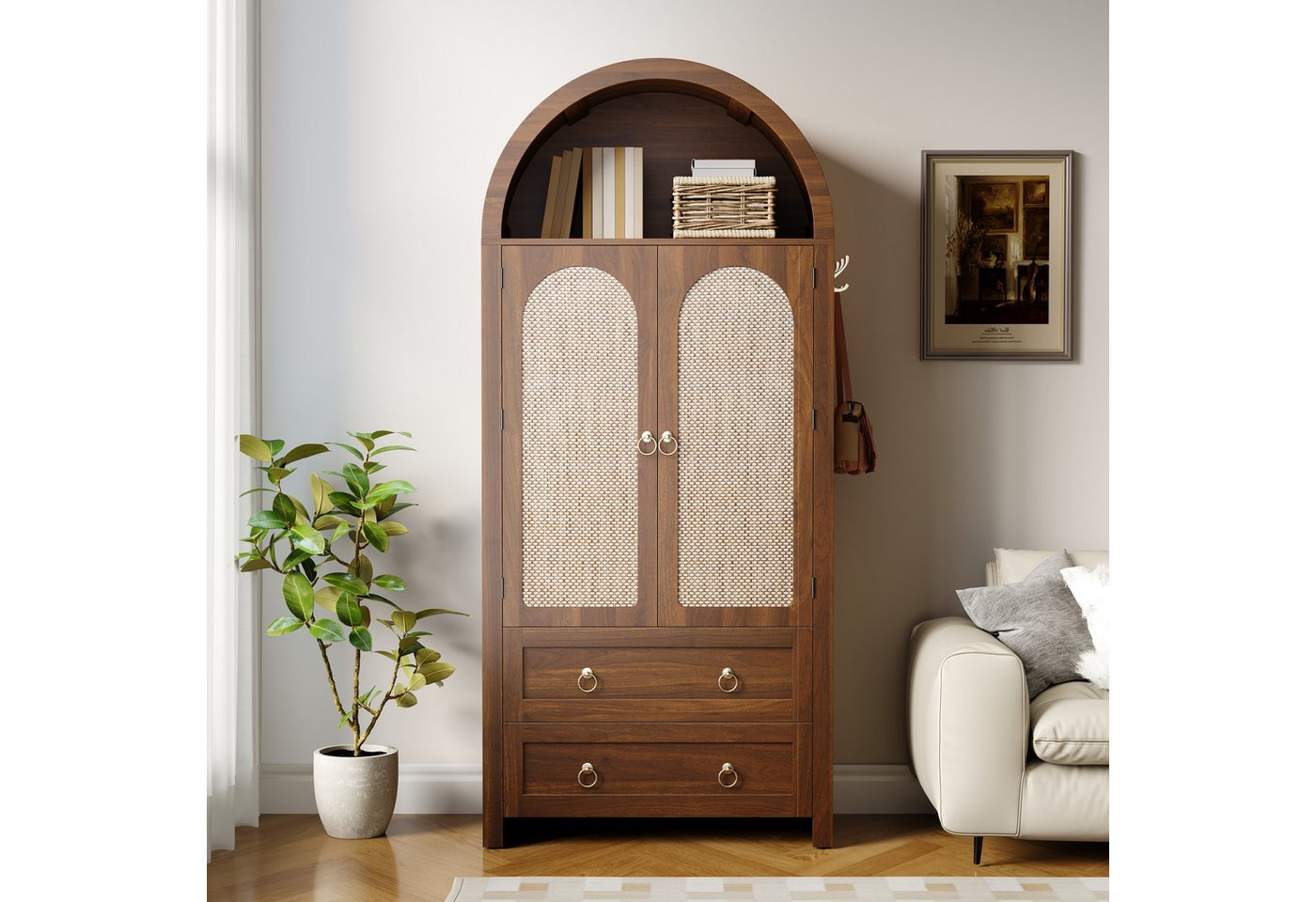 Merax Sideboard im Vintage-Rattan-Stil, Bogenförmiger Schrank (1 St., 80 L x 40 B x 180 H), Kommode mit 2 Türen, 2 Schubladen und Stauraum, Aufbewahrungsmöbel – Bild 3 von 5