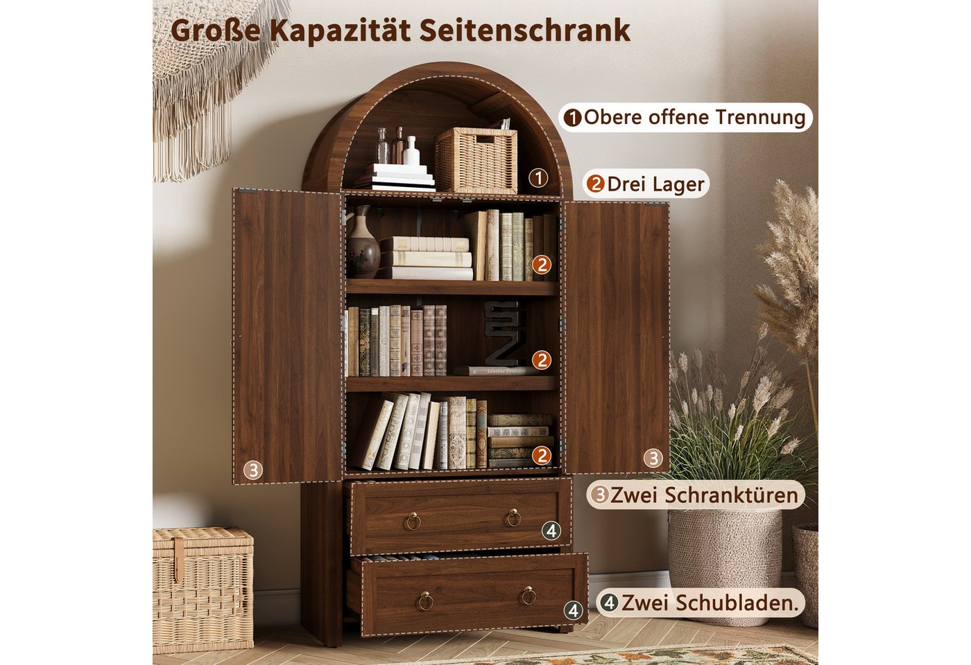 Merax Sideboard im Vintage-Rattan-Stil, Bogenförmiger Schrank (1 St., 80 L x 40 B x 180 H), Kommode mit 2 Türen, 2 Schubladen und Stauraum, Aufbewahrungsmöbel – Bild 4 von 5
