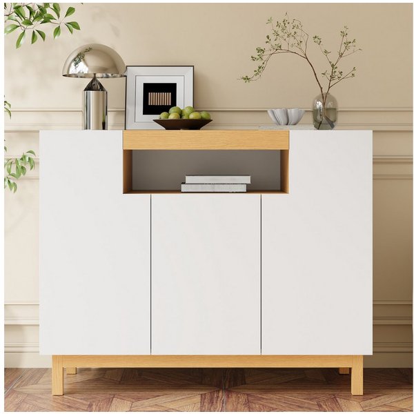 Merax Sideboard in Holzoptik, Buffetschrank, Wohnzimmerschrank (1 St), Kommode mit 3 Türen, offenem Regal & Stauraum, Anrichte, 120,5x42x96cm