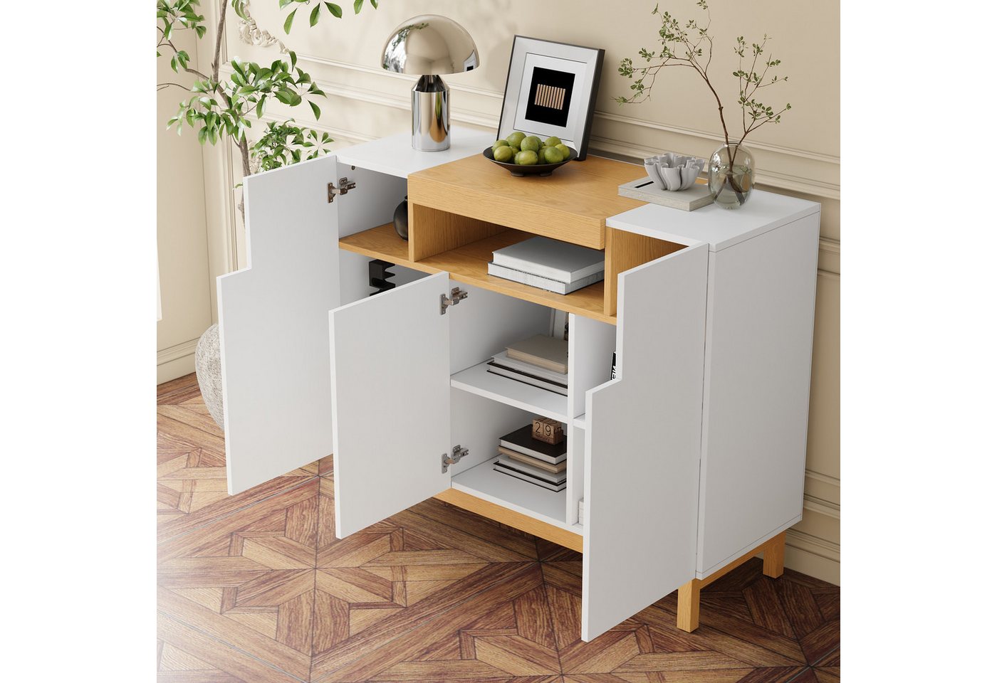 Merax Sideboard in Holzoptik, Buffetschrank, Wohnzimmerschrank (1 St), Kommode mit 3 Türen, offenem Regal & Stauraum, Anrichte, 120,5x42x96cm – Bild 2 von 5