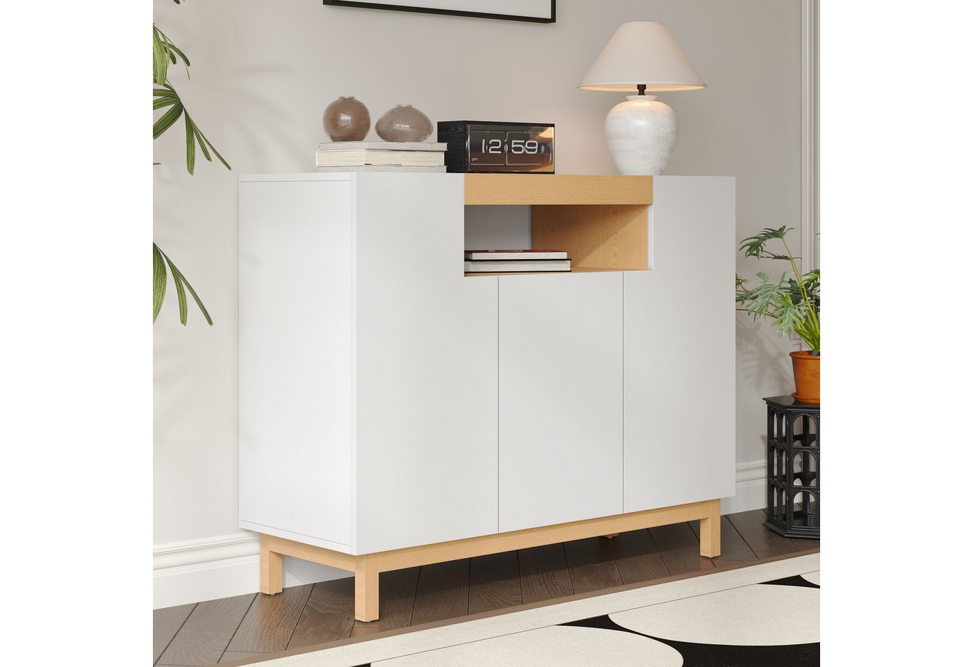 Merax Sideboard in Holzoptik, Buffetschrank, Wohnzimmerschrank (1 St), Kommode mit 3 Türen, offenem Regal & Stauraum, Anrichte, 120,5x42x96cm – Bild 3 von 5