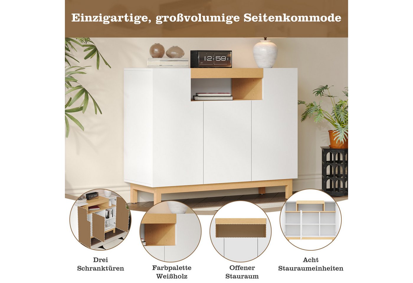 Merax Sideboard in Holzoptik, Buffetschrank, Wohnzimmerschrank (1 St), Kommode mit 3 Türen, offenem Regal & Stauraum, Anrichte, 120,5x42x96cm – Bild 4 von 5
