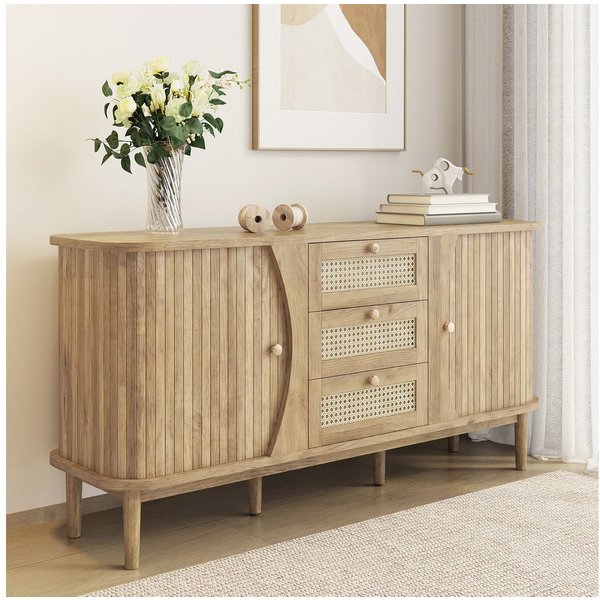 Merax Sideboard in Holzoptik mit Rattanschubladen (Anrichte Buffetschrank 140,5x40x76cm, 1 St., für Wohnzimmer, Esszimmer und Flur), Kommode mit Schiebetüren, a