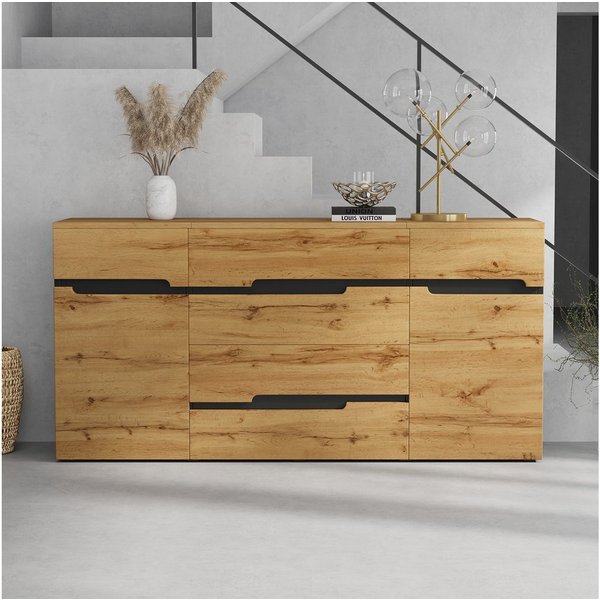 Merax Sideboard in Holzoptik und Schwarz, moderner Esszimmer- & Beistellschrank (1 St), Kommode mit 2 Türen und 4 Schubladen, Wohnzimmerschrank, 160x40x80cm