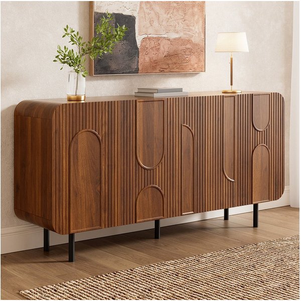 Merax Sideboard in Nussbaum Optik, Wohnzimmerschrank (160x40x79 cm, 1 St), Kommode mit 4 Türen,Stauraum,verstellbaren Einlegeböden & Metallbeine