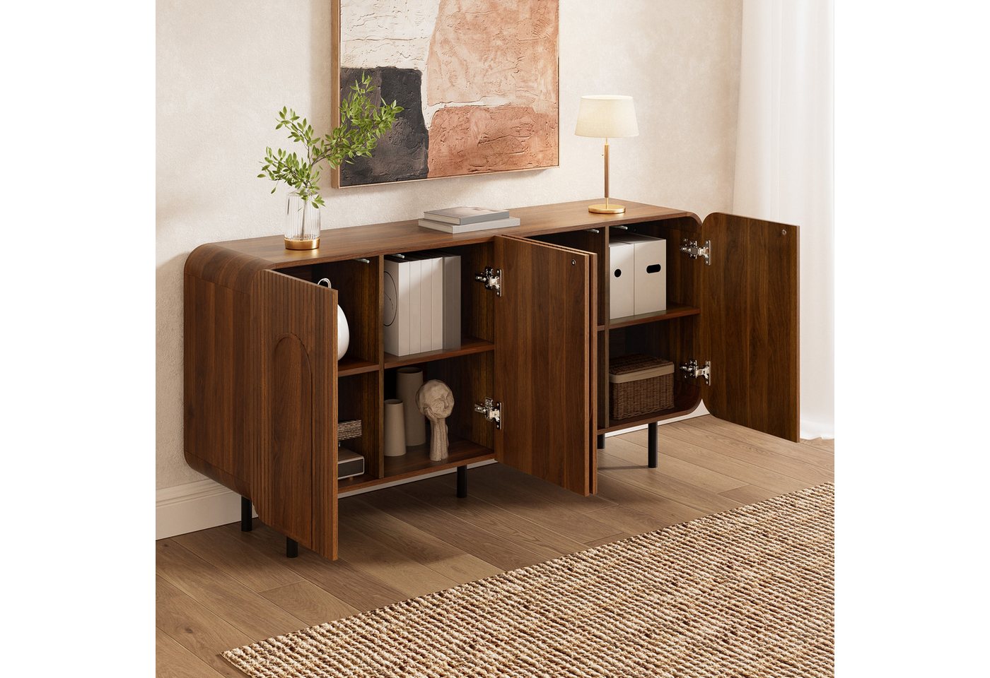 Merax Sideboard in Nussbaum Optik, Wohnzimmerschrank (160x40x79 cm, 1 St), Kommode mit 4 Türen,Stauraum,verstellbaren Einlegeböden & Metallbeine – Bild 2 von 5