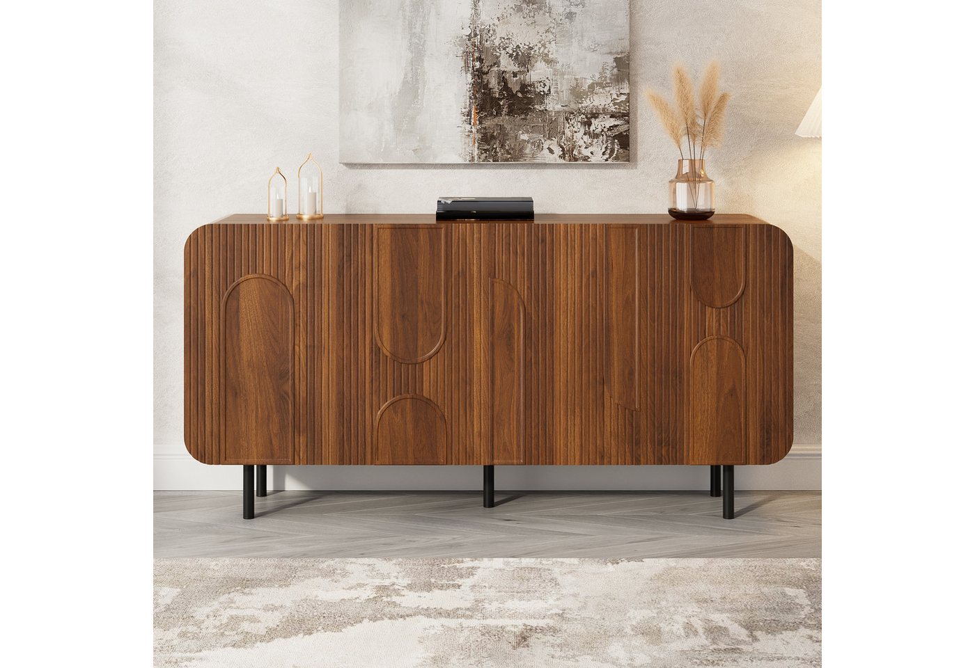 Merax Sideboard in Nussbaum Optik, Wohnzimmerschrank (160x40x79 cm, 1 St), Kommode mit 4 Türen,Stauraum,verstellbaren Einlegeböden & Metallbeine – Bild 3 von 5