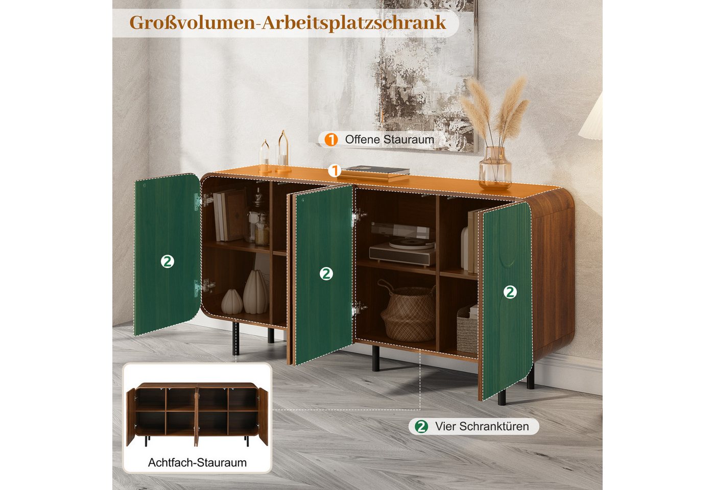 Merax Sideboard in Nussbaum Optik, Wohnzimmerschrank (160x40x79 cm, 1 St), Kommode mit 4 Türen,Stauraum,verstellbaren Einlegeböden & Metallbeine – Bild 4 von 5
