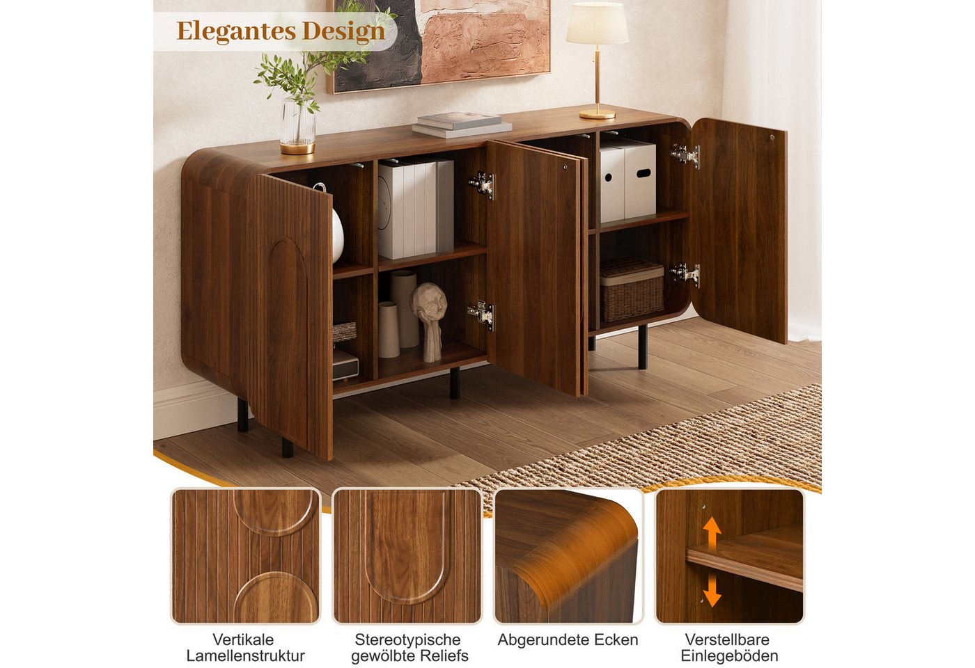 Merax Sideboard in Nussbaum Optik, Wohnzimmerschrank (160x40x79 cm, 1 St), Kommode mit 4 Türen,Stauraum,verstellbaren Einlegeböden & Metallbeine – Bild 5 von 5