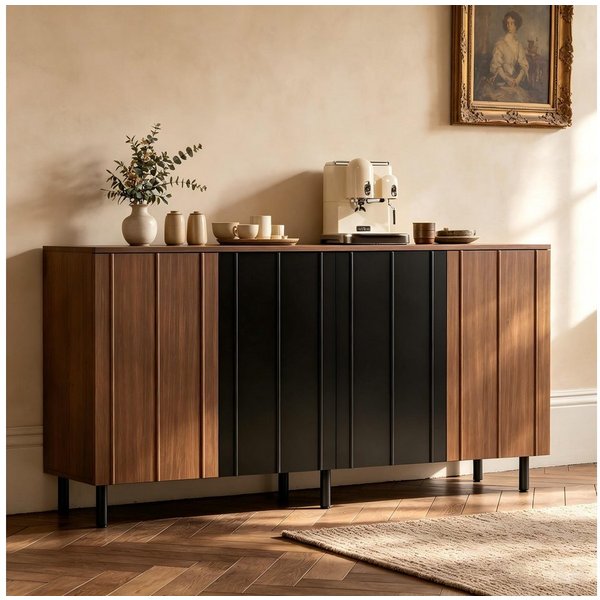 Merax Sideboard in Nussbaum Optik mit schwarzen Akzenten (1 St., Aufbewahrungsschrank Küchenbuffet 160x35x80 cm), Kommode mit 4 Türen, verstellbaren Regalböden 