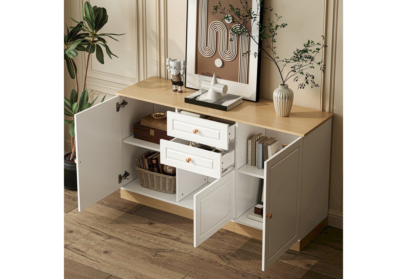 Merax Sideboard in Weiß & Holzoptik (135,5 × 39 × 76 cm, 1 St., Buffetschrank Schrank), Kommode mit 3 Türen und 2 Schubladen,Anrichte mit goldfarbenen Griffen – Bild 2 von 5