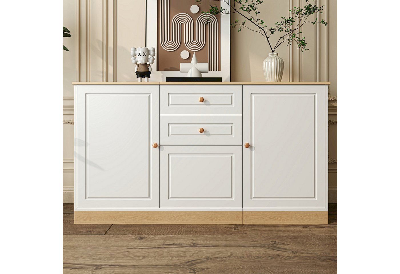 Merax Sideboard in Weiß & Holzoptik (135,5 × 39 × 76 cm, 1 St., Buffetschrank Schrank), Kommode mit 3 Türen und 2 Schubladen,Anrichte mit goldfarbenen Griffen – Bild 3 von 5