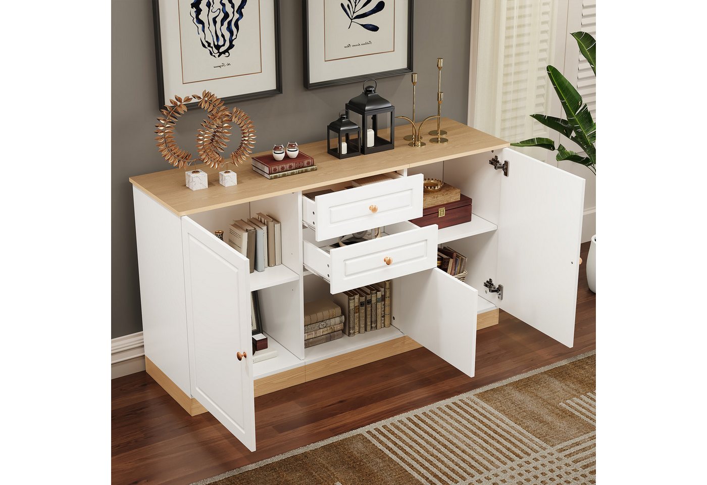 Merax Sideboard in Weiß & Holzoptik (135,5 × 39 × 76 cm, 1 St., Buffetschrank Schrank), Kommode mit 3 Türen und 2 Schubladen,Anrichte mit goldfarbenen Griffen – Bild 4 von 5