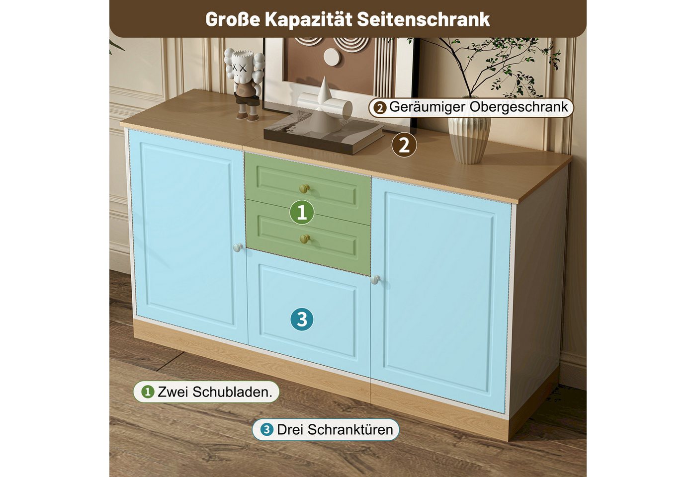 Merax Sideboard in Weiß & Holzoptik (135,5 × 39 × 76 cm, 1 St., Buffetschrank Schrank), Kommode mit 3 Türen und 2 Schubladen,Anrichte mit goldfarbenen Griffen – Bild 5 von 5