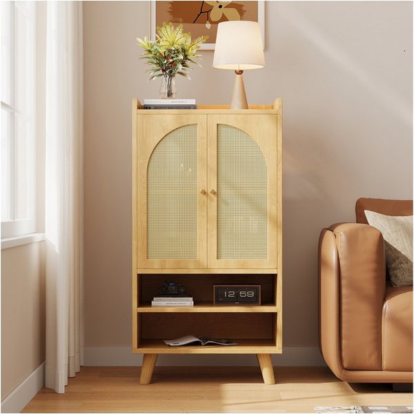 Merax Sideboard Kommode mit 2 Rattantüren und 2 offenen Fächern (1 St., Stauraum Buffet, Holz Anrichte), für Wohnzimmer, Küche oder Flur, 60×40×121 cm