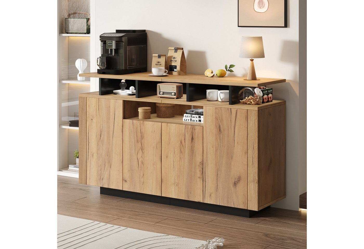 Merax Sideboard Kommode mit 4 Türen, offenen Fächern, Holz Buffetschrank (1 St., für Wohnzimmer, Flur & Büro, Natur), Aufbewahrungsschrank, 120×40×85 cm – Bild 2 von 5