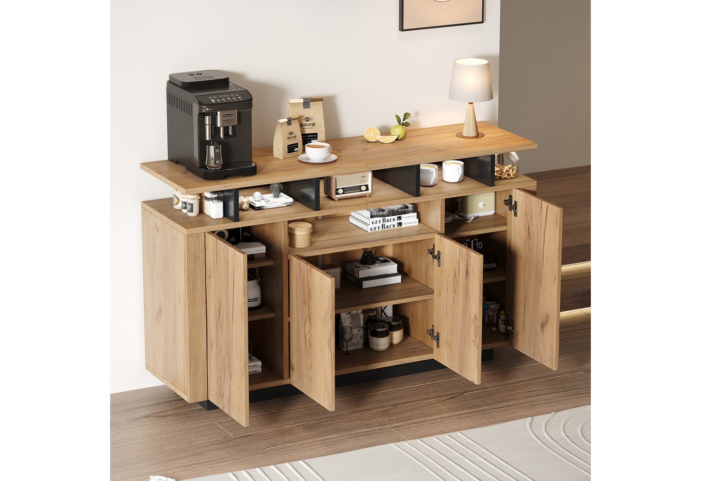 Merax Sideboard Kommode mit 4 Türen, offenen Fächern, Holz Buffetschrank (1 St., für Wohnzimmer, Flur & Büro, Natur), Aufbewahrungsschrank, 120×40×85 cm – Bild 3 von 5