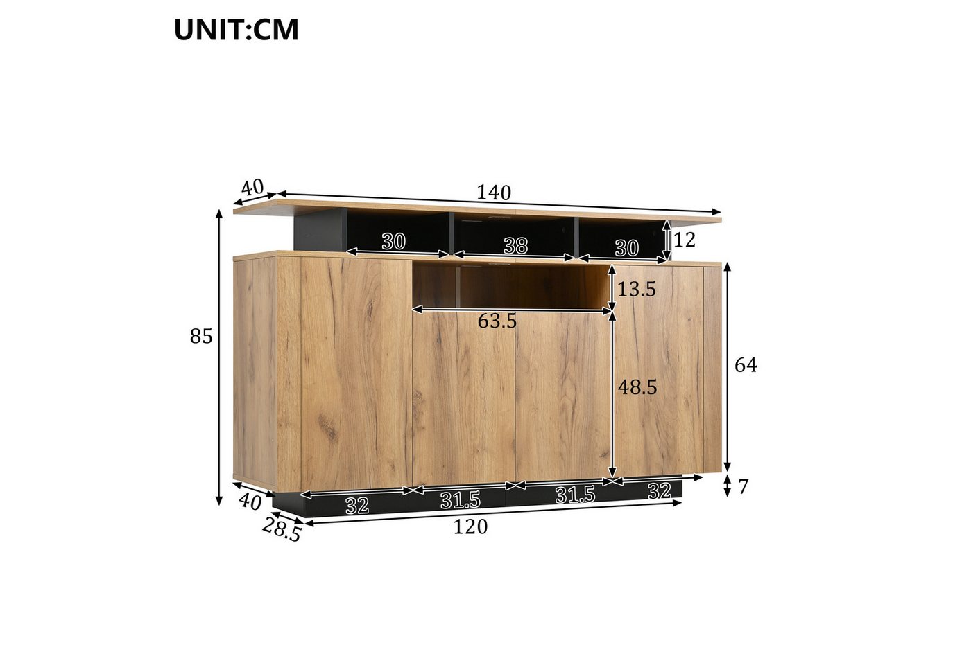 Merax Sideboard Kommode mit 4 Türen, offenen Fächern, Holz Buffetschrank (1 St., für Wohnzimmer, Flur & Büro, Natur), Aufbewahrungsschrank, 120×40×85 cm – Bild 4 von 5
