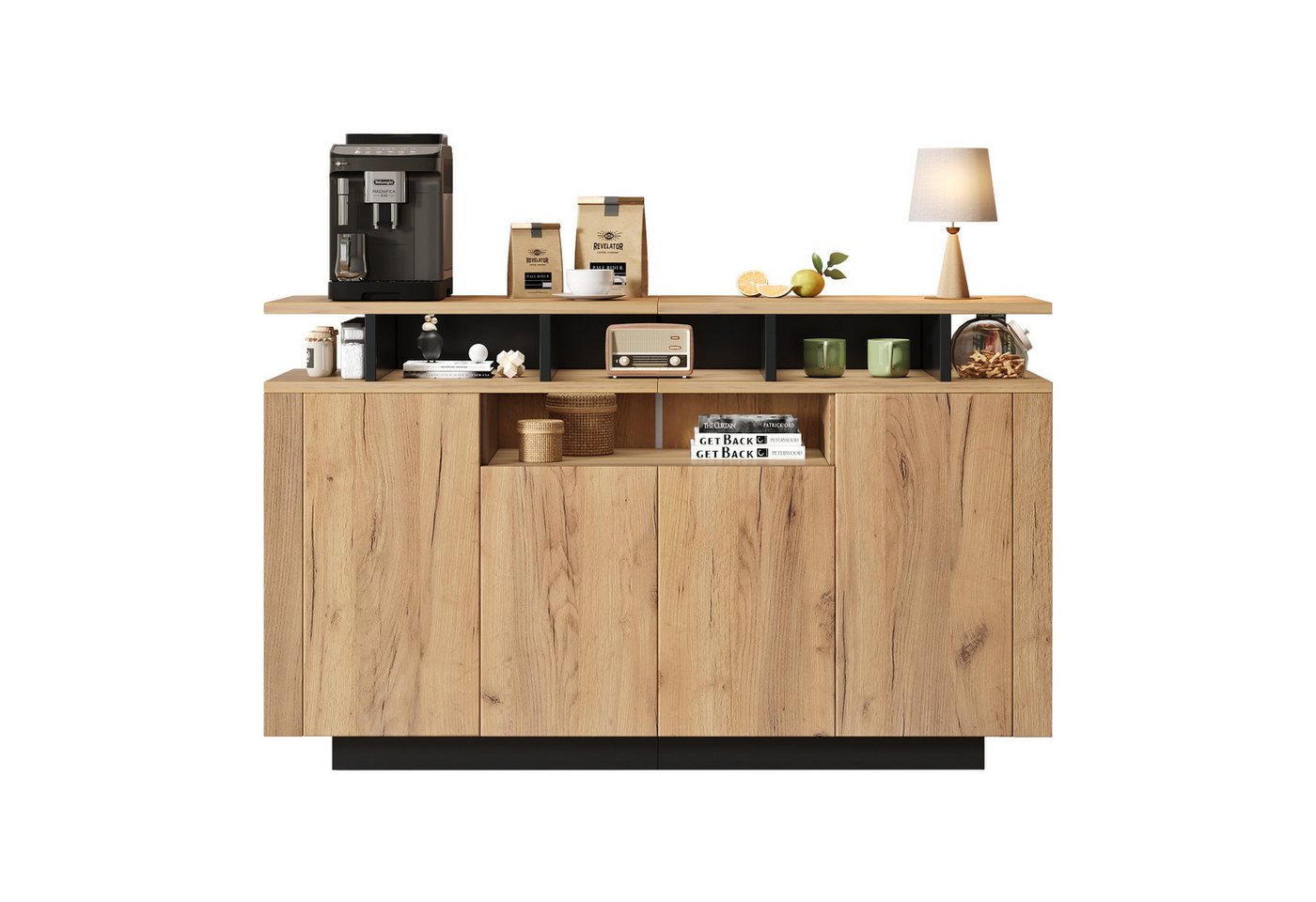 Merax Sideboard Kommode mit 4 Türen, offenen Fächern, Holz Buffetschrank (1 St., für Wohnzimmer, Flur & Büro, Natur), Aufbewahrungsschrank, 120×40×85 cm – Bild 5 von 5