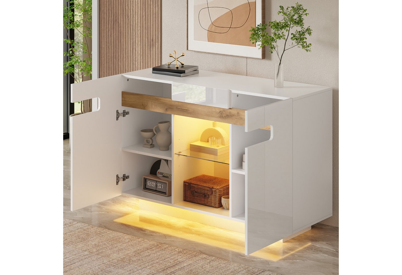 Merax Sideboard Kommode mit LED Beleuchtung (1 St., Wohnzimmerschrank mit Offenen Fächern), Küchenschrank, Flurschrank 140 cm – Bild 3 von 5