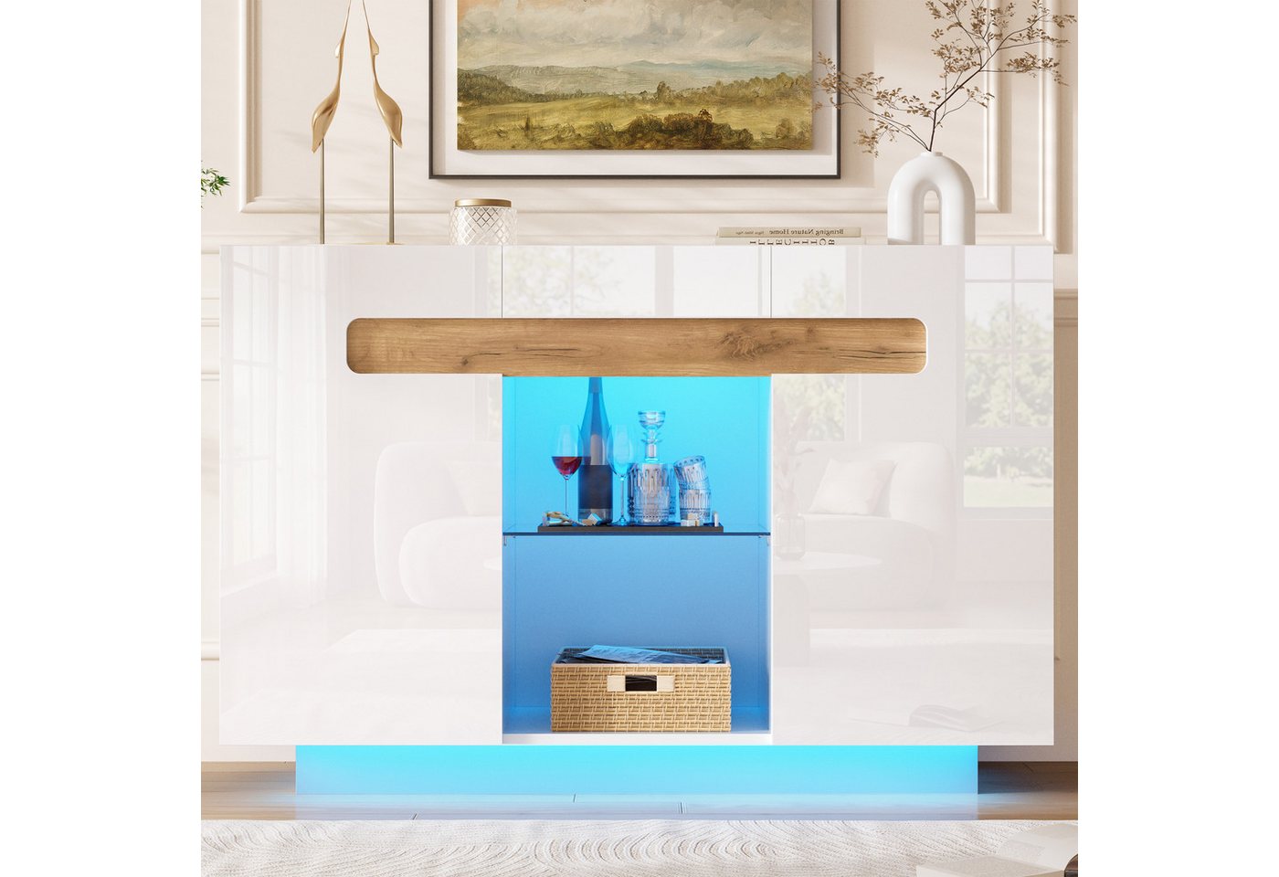 Merax Sideboard Kommode mit LED Beleuchtung (1 St., Wohnzimmerschrank mit Offenen Fächern), Küchenschrank, Flurschrank 140 cm – Bild 4 von 5