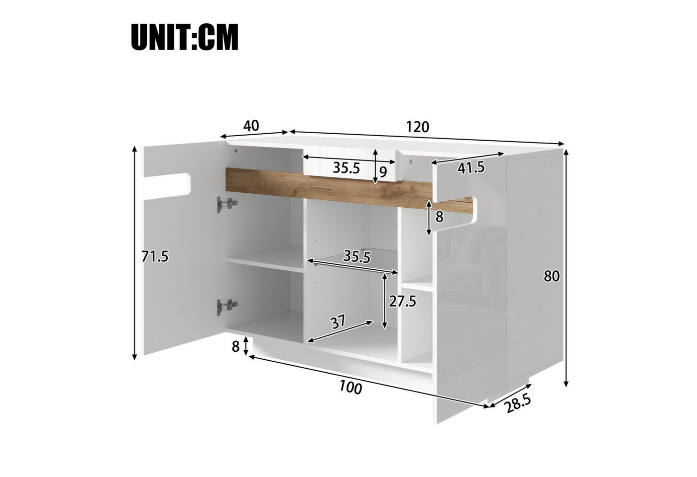 Merax Sideboard Kommode mit LED Beleuchtung (1 St., Wohnzimmerschrank mit Offenen Fächern), Küchenschrank, Flurschrank 140 cm – Bild 5 von 5