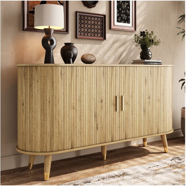 Merax Sideboard mit 2 Schiebetüren, 2 Schubladen & offenen Regalfächern (Aufbewahrungsschrank, 1 St., 140 x 40 x 79,5 cm (L x B x H), Kommode mit vertikaler Mas