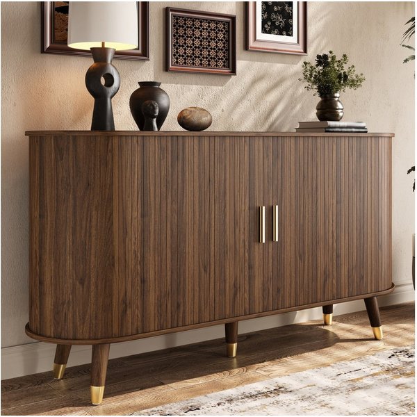 Merax Sideboard mit 2 Schiebetüren, 2 Schubladen & offenen Regalfächern (Aufbewahrungsschrank, 1 St., 140 x 40 x 79,5 cm (L x B x H), Kommode mit vertikaler Mas