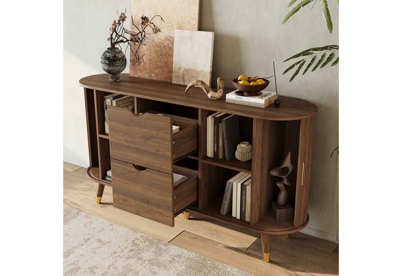 Merax Sideboard mit 2 Schiebetüren, 2 Schubladen & offenen Regalfächern (Aufbewahrungsschrank, 1 St., 140 x 40 x 79,5 cm (L x B x H), Kommode mit vertikaler Mas – Bild 2 von 5