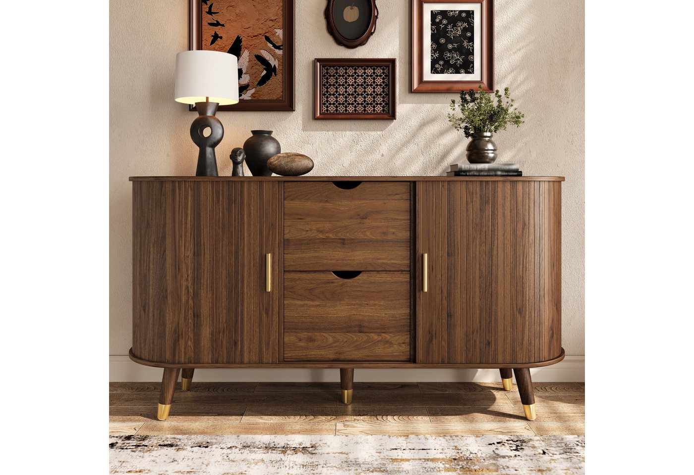 Merax Sideboard mit 2 Schiebetüren, 2 Schubladen & offenen Regalfächern (Aufbewahrungsschrank, 1 St., 140 x 40 x 79,5 cm (L x B x H), Kommode mit vertikaler Mas – Bild 3 von 5
