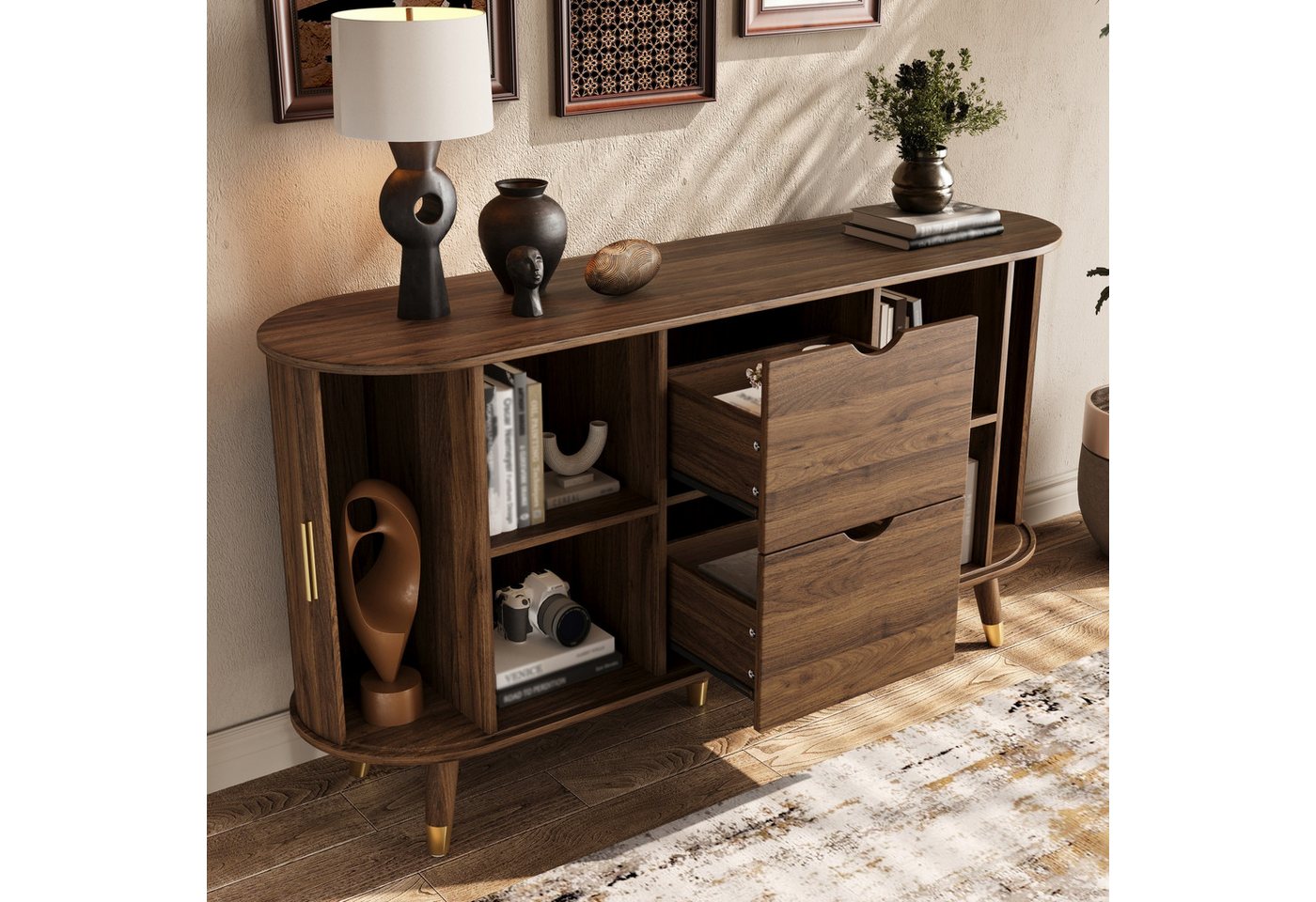 Merax Sideboard mit 2 Schiebetüren, 2 Schubladen & offenen Regalfächern (Aufbewahrungsschrank, 1 St., 140 x 40 x 79,5 cm (L x B x H), Kommode mit vertikaler Mas – Bild 4 von 5