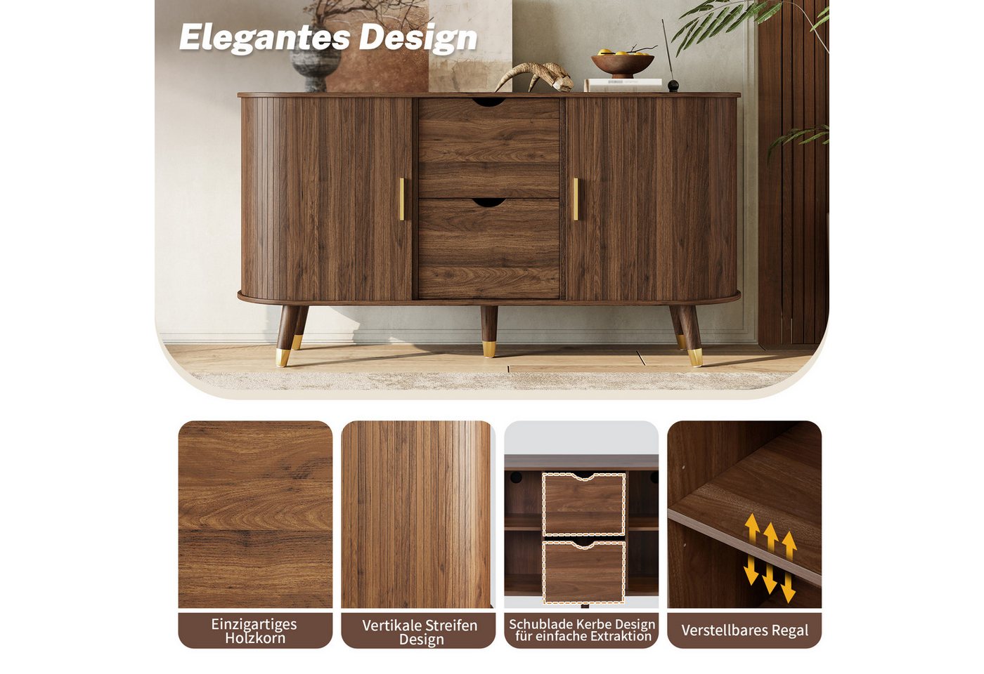 Merax Sideboard mit 2 Schiebetüren, 2 Schubladen & offenen Regalfächern (Aufbewahrungsschrank, 1 St., 140 x 40 x 79,5 cm (L x B x H), Kommode mit vertikaler Mas – Bild 5 von 5