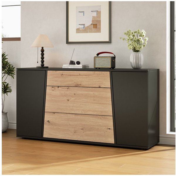 Merax Sideboard mit 3 Schubladen, 2 Türen & verstellbaren Einlegeböden (1 St), Buffetschrank Küchenschrank Aufbewahrungsschrank Kommode, 140×35×70cm