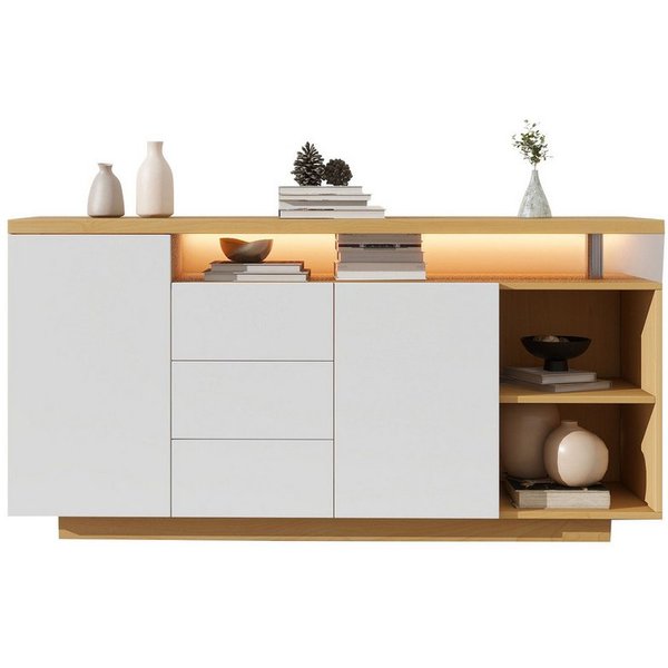 Merax Sideboard mit 3 Schubladen und 2 Türen, Kommode mit verstellbaren Einlegböden und offenen Fächer,Anrichte