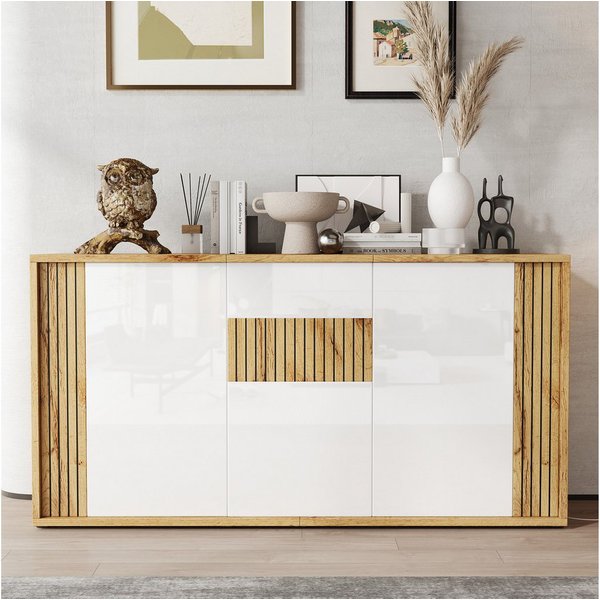 Merax Sideboard mit 3 Türen, 6 Staufächern, Stauraum & Hochglanzfront (140 L x 35 B x 71 H cm, 1 St), Kommode mit Push-to-Open, Aufbewahrungsschrank mit Wellenm