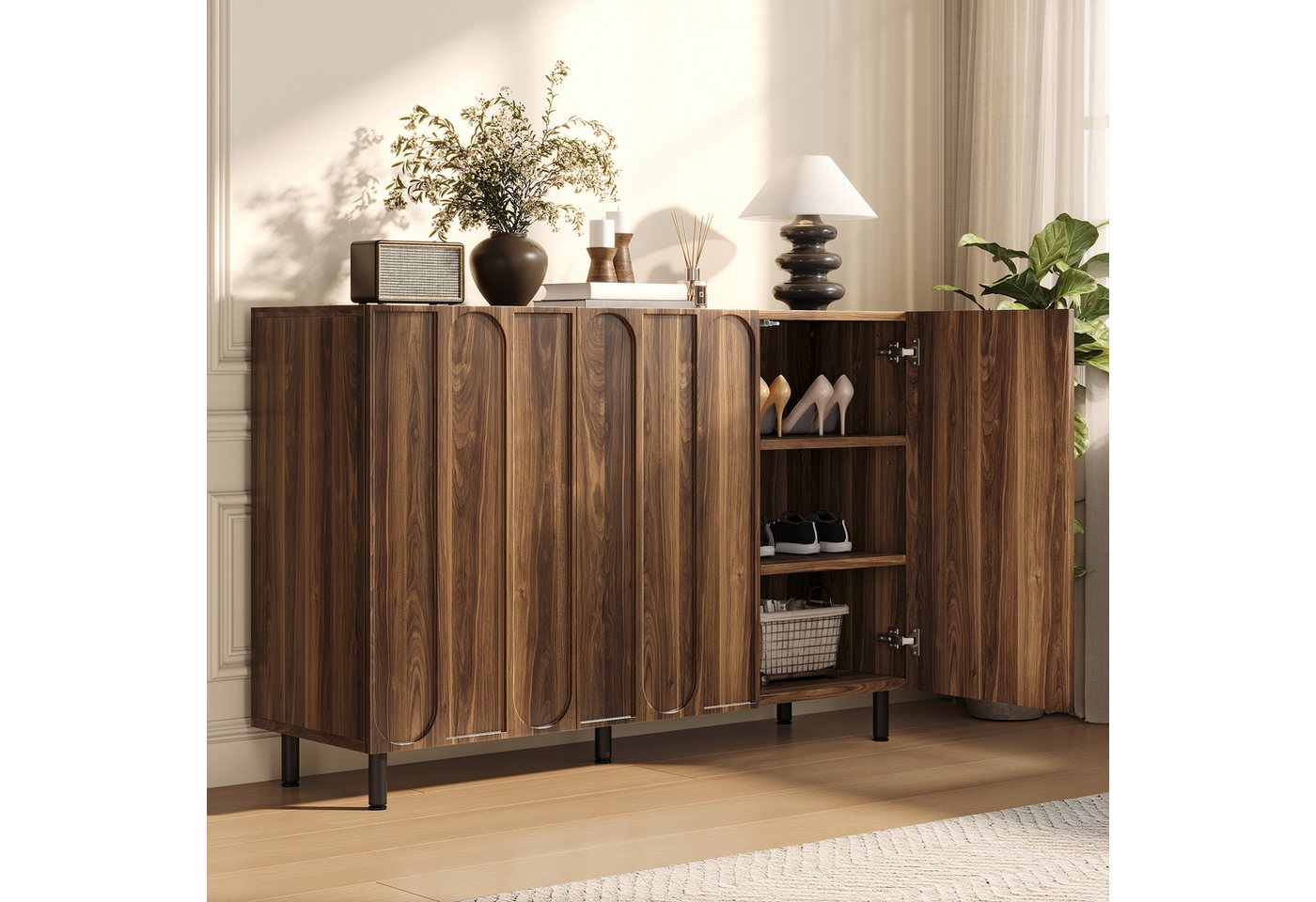 Merax Sideboard mit 3 Türen, verstellbaren Einlegeböden & Metallfüße (Stauraumschrank Anrichte, 1 St), 2-in-1 Kommode mit Soft-Close-Scharnieren, 120Lx37Bx80Hcm – Bild 2 von 5