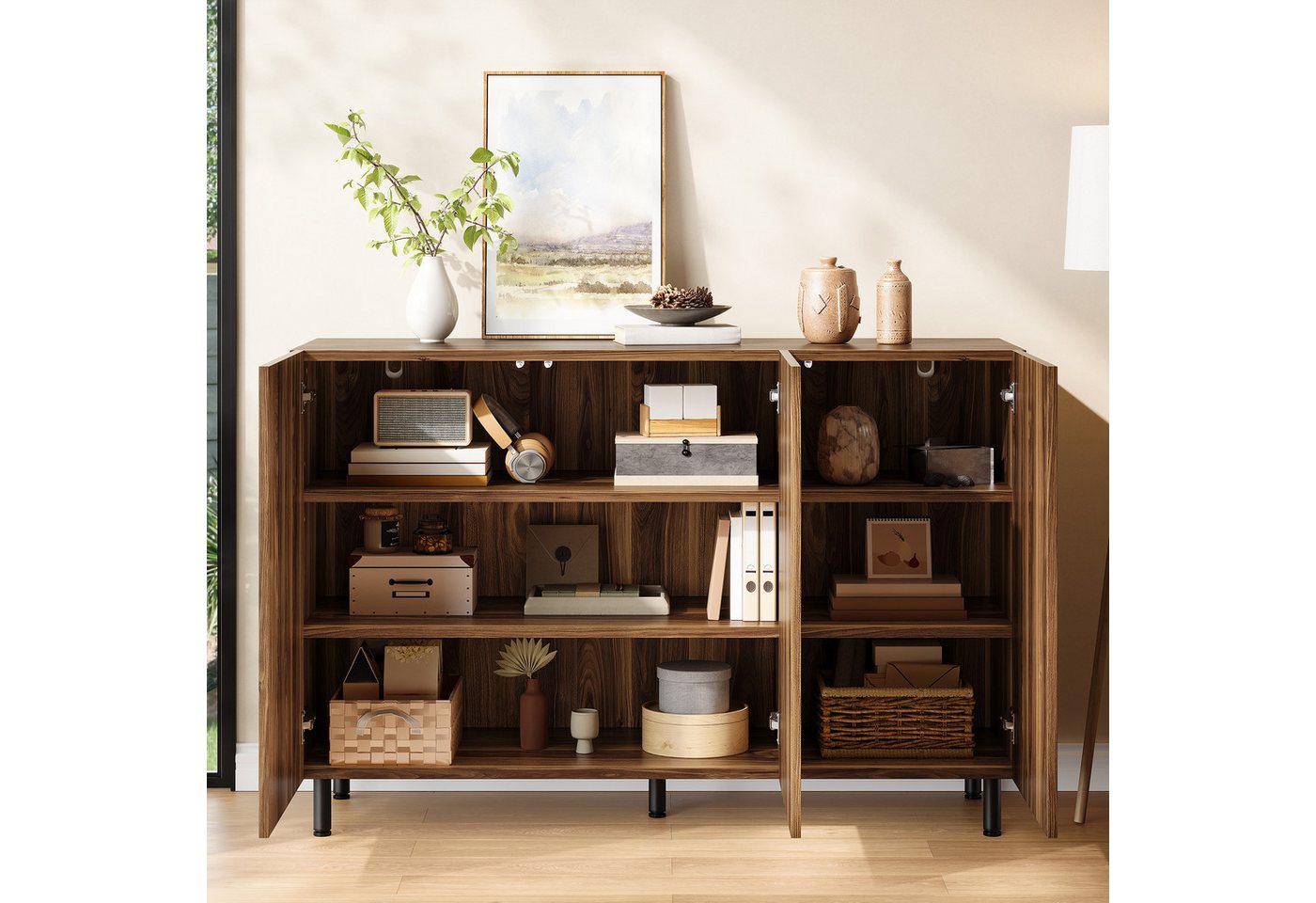 Merax Sideboard mit 3 Türen, verstellbaren Einlegeböden & Metallfüße (Stauraumschrank Anrichte, 1 St), 2-in-1 Kommode mit Soft-Close-Scharnieren, 120Lx37Bx80Hcm – Bild 3 von 5