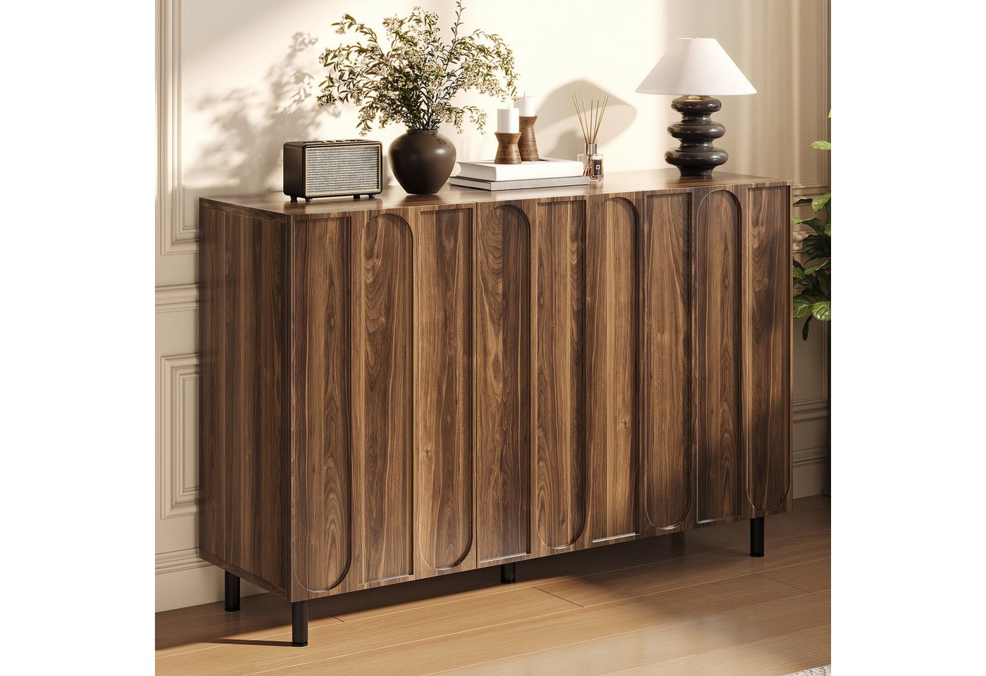 Merax Sideboard mit 3 Türen, verstellbaren Einlegeböden & Metallfüße (Stauraumschrank Anrichte, 1 St), 2-in-1 Kommode mit Soft-Close-Scharnieren, 120Lx37Bx80Hcm – Bild 4 von 5