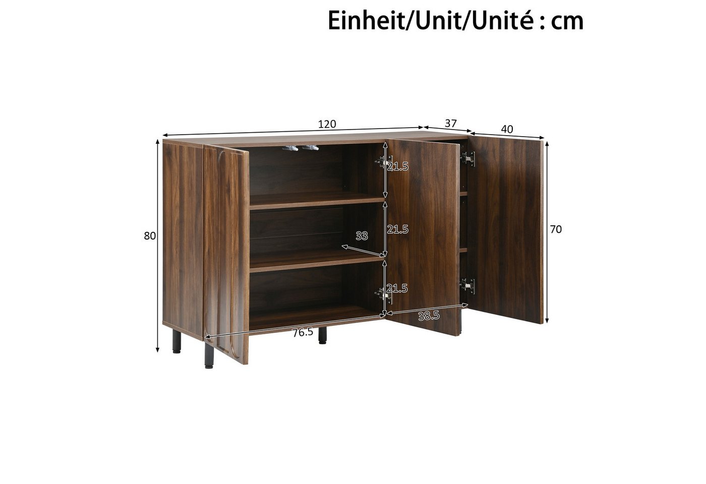 Merax Sideboard mit 3 Türen, verstellbaren Einlegeböden & Metallfüße (Stauraumschrank Anrichte, 1 St), 2-in-1 Kommode mit Soft-Close-Scharnieren, 120Lx37Bx80Hcm – Bild 5 von 5