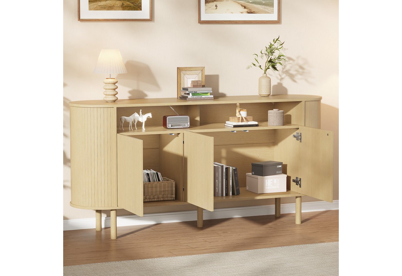 Merax Sideboard mit 3 Wellentüren, offenem Ablagefach & Massivholzbeinen (1 St), Kommode Flurschrank Aufbewahrungsschrank, 160x40x78,5cm (LxBxH) – Bild 2 von 5