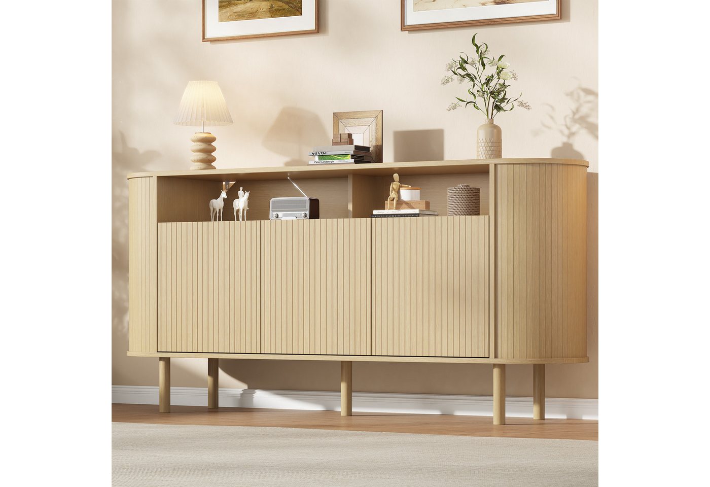 Merax Sideboard mit 3 Wellentüren, offenem Ablagefach & Massivholzbeinen (1 St), Kommode Flurschrank Aufbewahrungsschrank, 160x40x78,5cm (LxBxH) – Bild 3 von 5