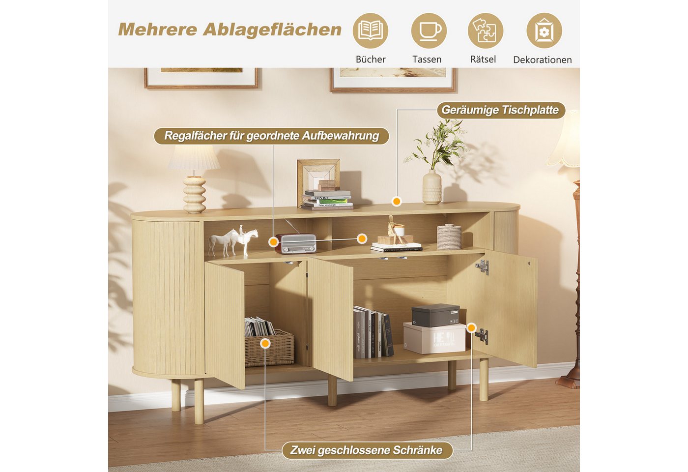 Merax Sideboard mit 3 Wellentüren, offenem Ablagefach & Massivholzbeinen (1 St), Kommode Flurschrank Aufbewahrungsschrank, 160x40x78,5cm (LxBxH) – Bild 4 von 5