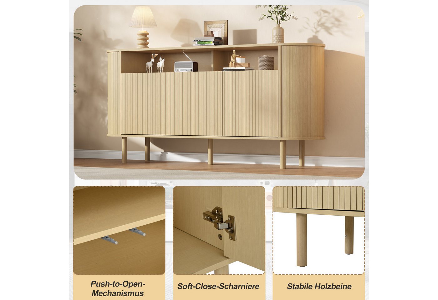 Merax Sideboard mit 3 Wellentüren, offenem Ablagefach & Massivholzbeinen (1 St), Kommode Flurschrank Aufbewahrungsschrank, 160x40x78,5cm (LxBxH) – Bild 5 von 5