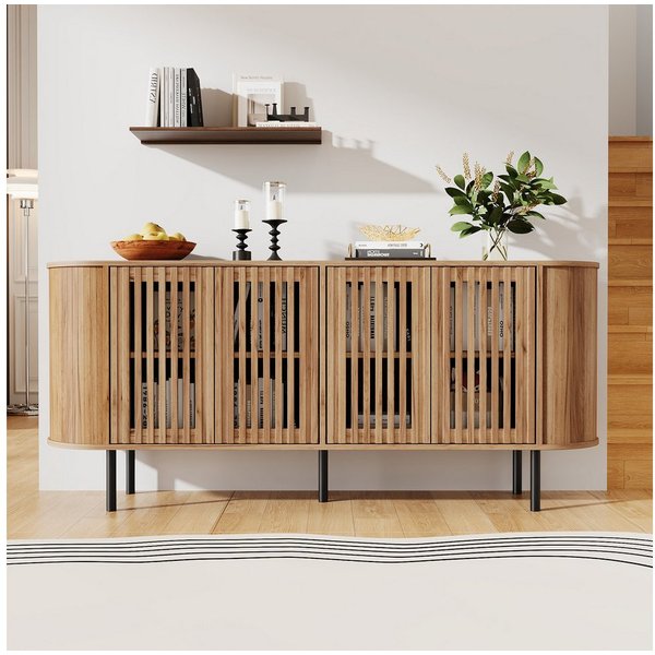 Merax Sideboard mit 4 perforierten Schiebetüren & verstellbaren Einlegeböden (160x40x70cm, 1 St), Kommode Buffet Anrichte Buffetschrank Schrank mit Metallbeinen