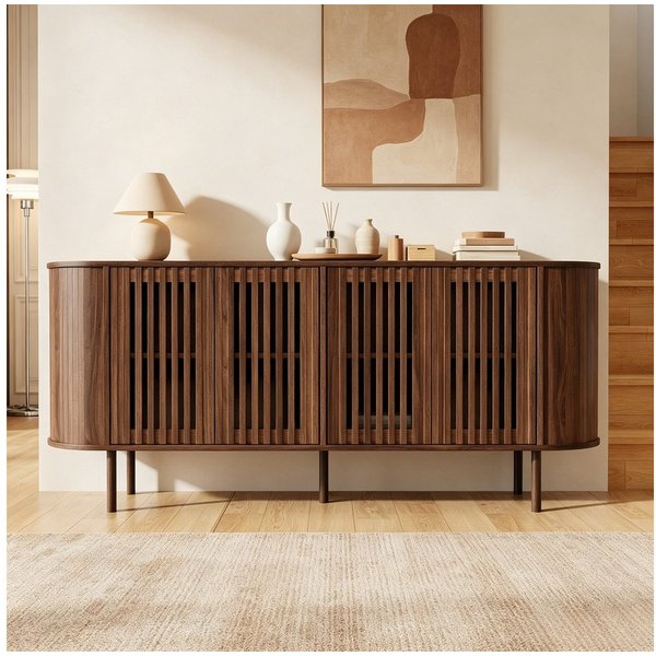 Merax Sideboard mit 4 perforierten Schiebetüren & verstellbaren Einlegeböden (160x40x70cm, 1 St), Kommode Buffet Anrichte Buffetschrank Schrank mit Metallbeinen